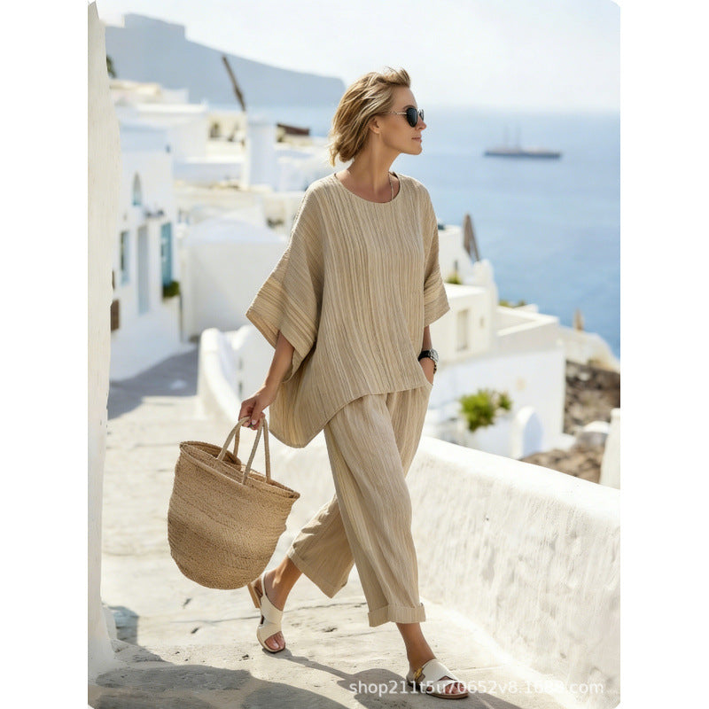 Women Boho Gradient Print Round Neck Batwing Loose Beach Two Piece Set