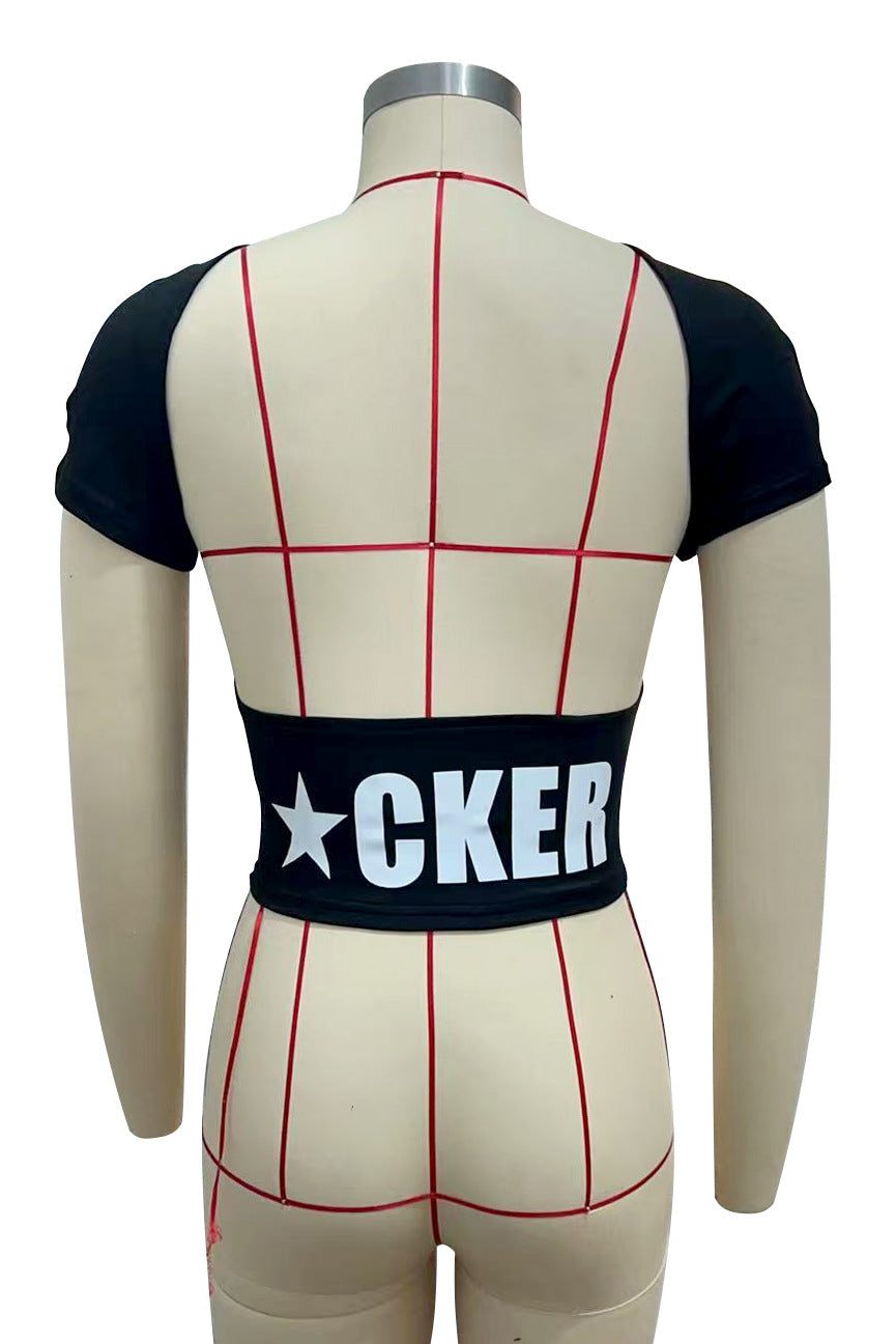 Letter Print Back Cutout Short Sleeve Crop T Shirt Women