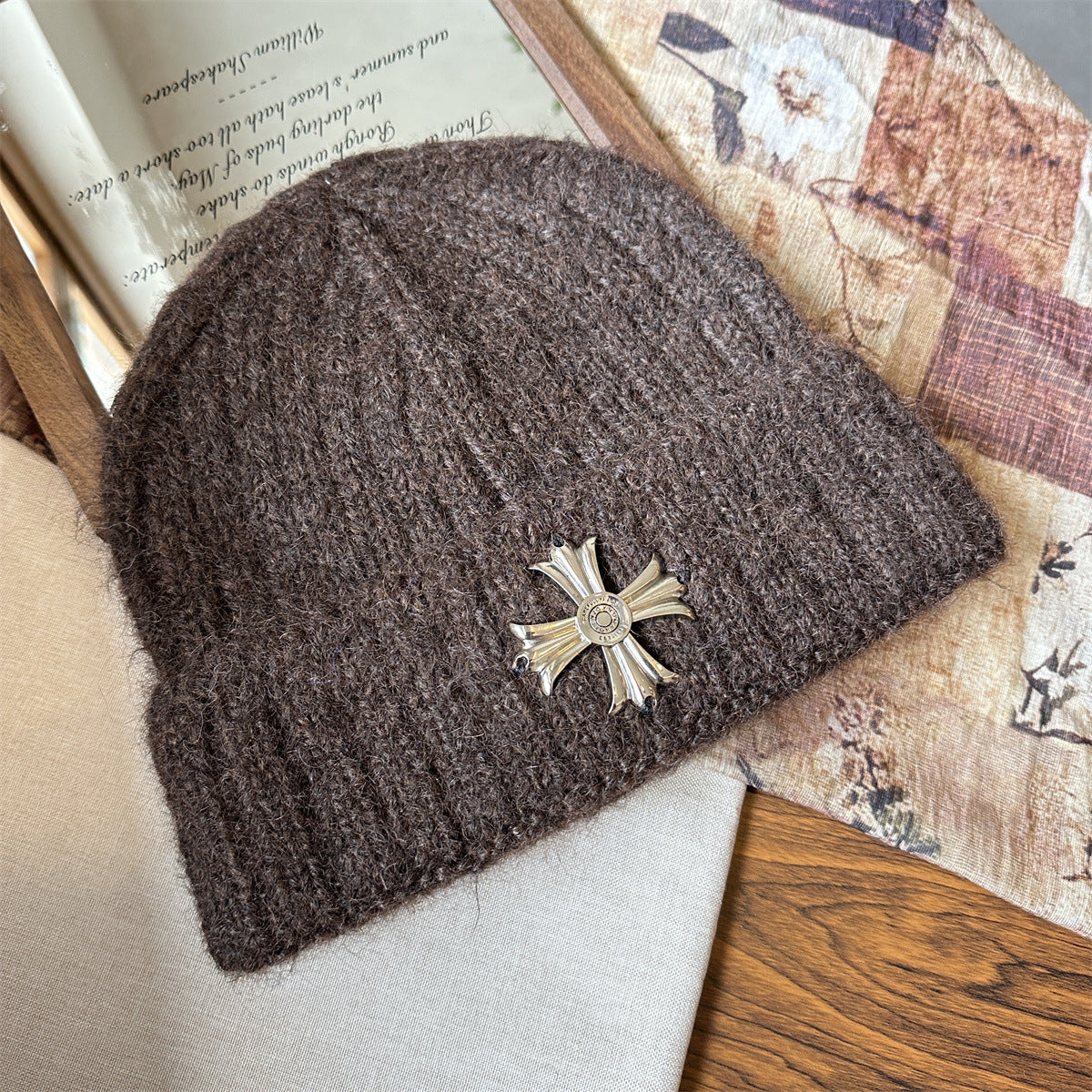 Metal Cross Knit Cuffed Beanie Vintage Winter Skull Cap Multi‑Color