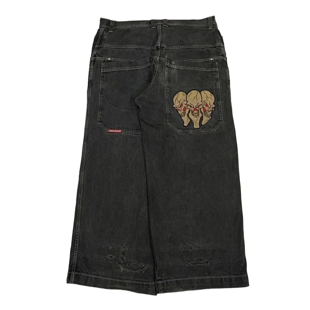 JNCO Style Y2K Baggy Jeans Drachen- & Poker-Stickerei Streetwear Denim-Hose