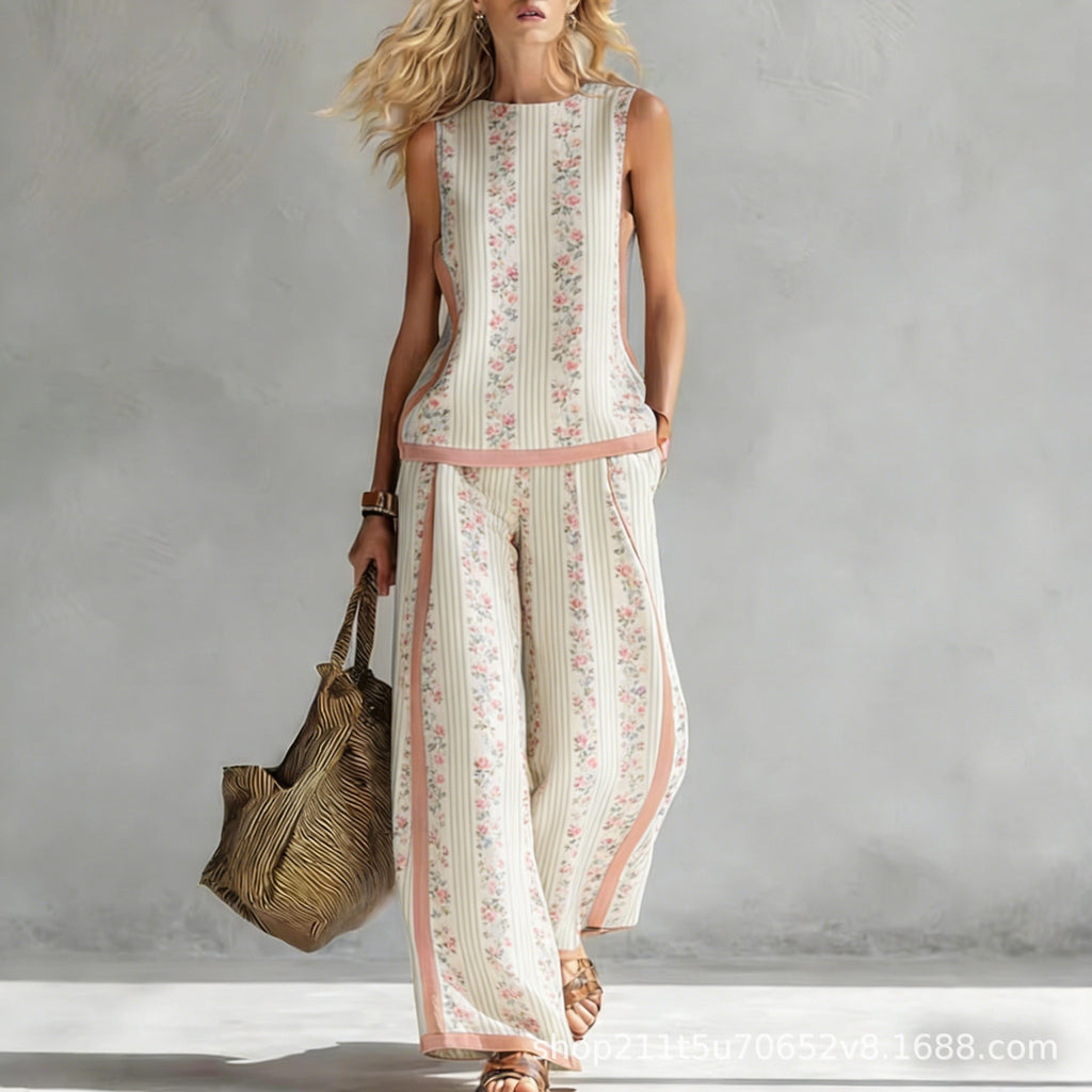 Boho Striped Floral Trim Sleeveless Wide Leg Two Piece Set