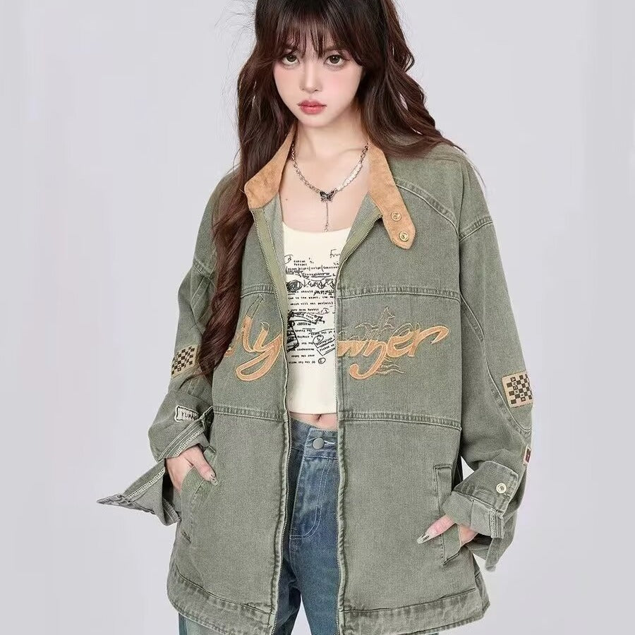 Y2K Vintage Washed Spliced Denim Zip‑Up Jacket Streetwear Unisex