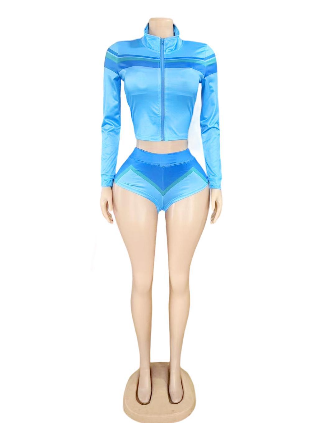 Y2K Color Block Zip Crop Jacket Bikini Short 3 Piece Set