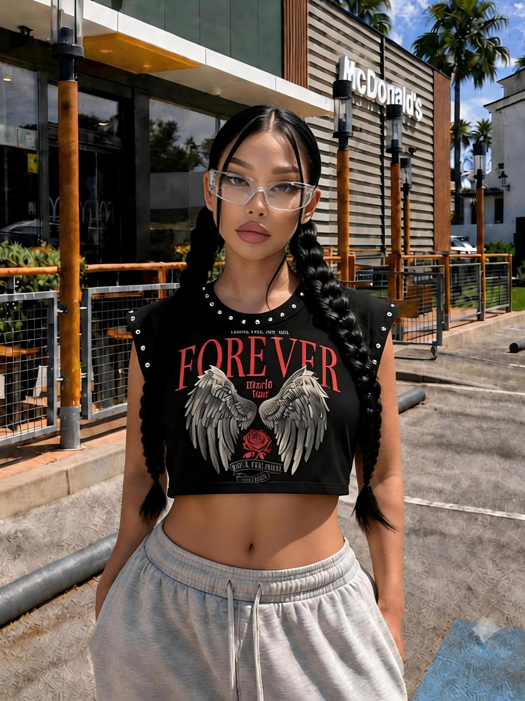 Rivet Decor Graphic Print Crew Neck Sleeveless Crop Tank Top Women