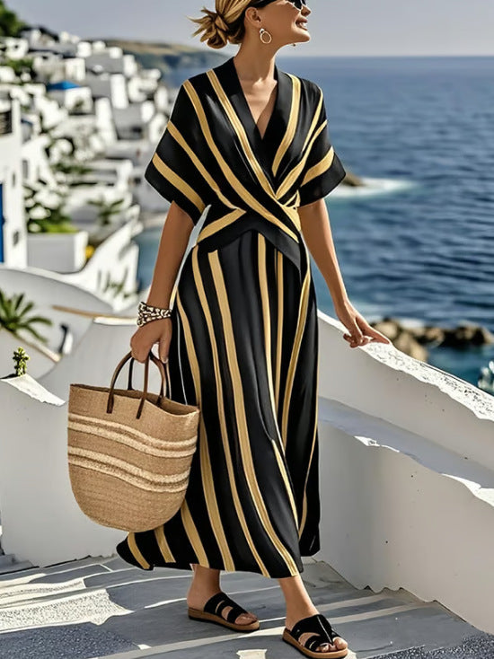 Women Boho Vertical Striped V Neck Wrap Loose Beach Maxi Dress