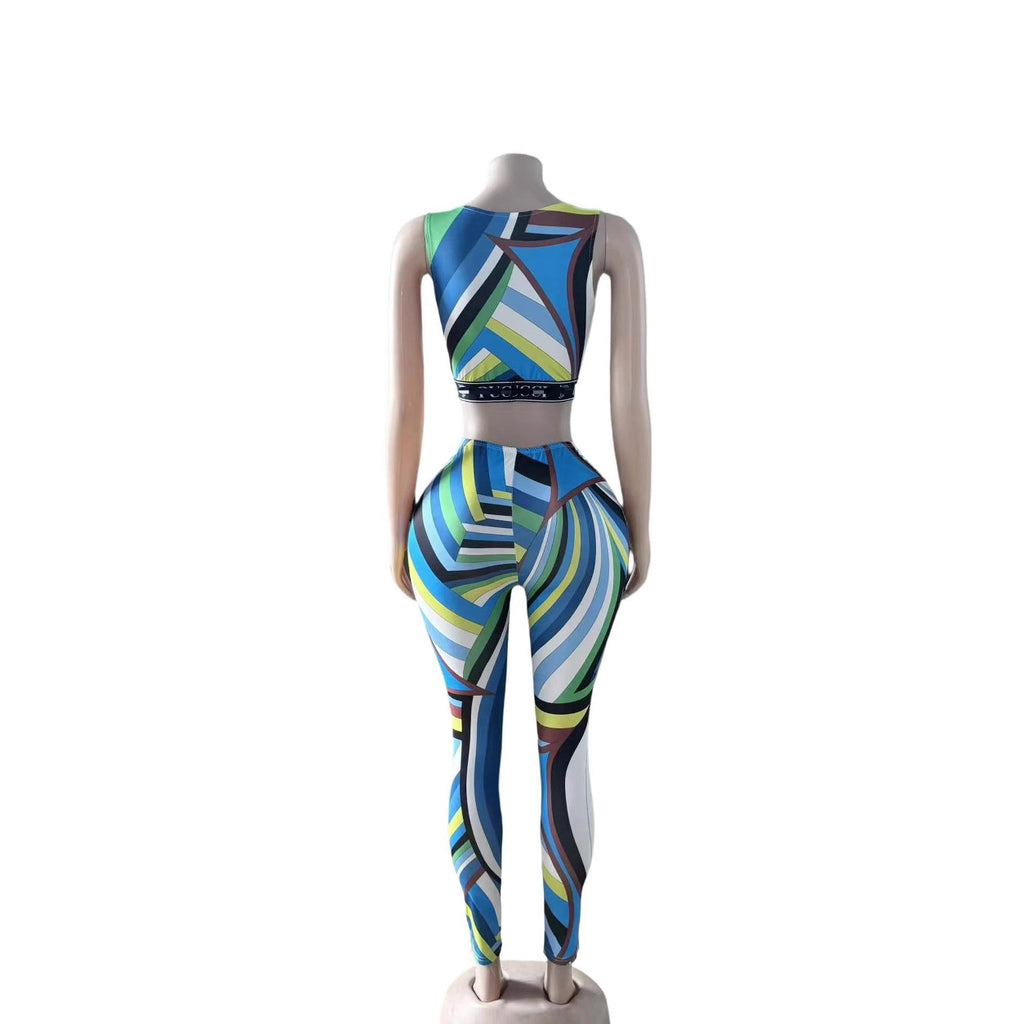 Abstract Print Sleeveless Crop Top Leggings 2 Piece Set