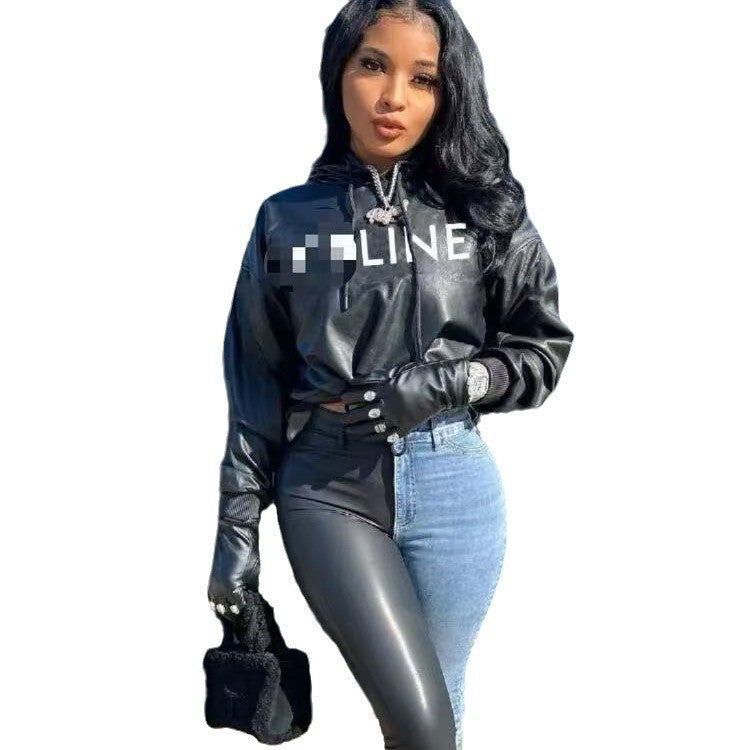Letter Print PU Leather Cropped Hoodie Women