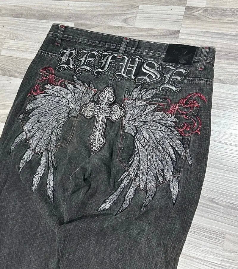 Y2K Gothic Baggy Weite Jeans mit Flügel- und Kreuz-Stickerei