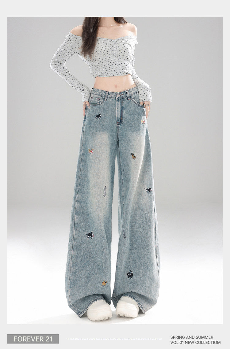 Light Blue Puppy Embroidered Wide Leg Denim High Waist Loose Trousers