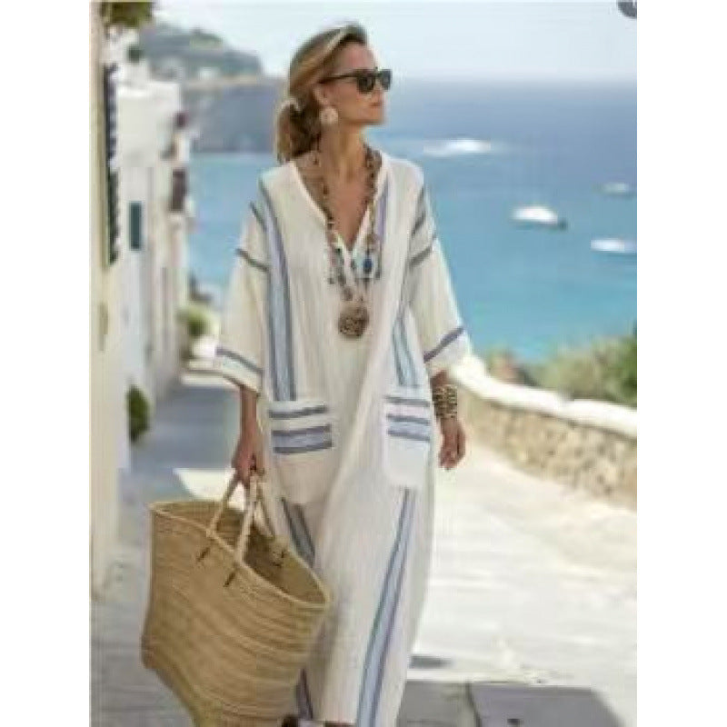 Women Boho Striped Embroidery V Neck Loose Kaftan Maxi Beach Dress