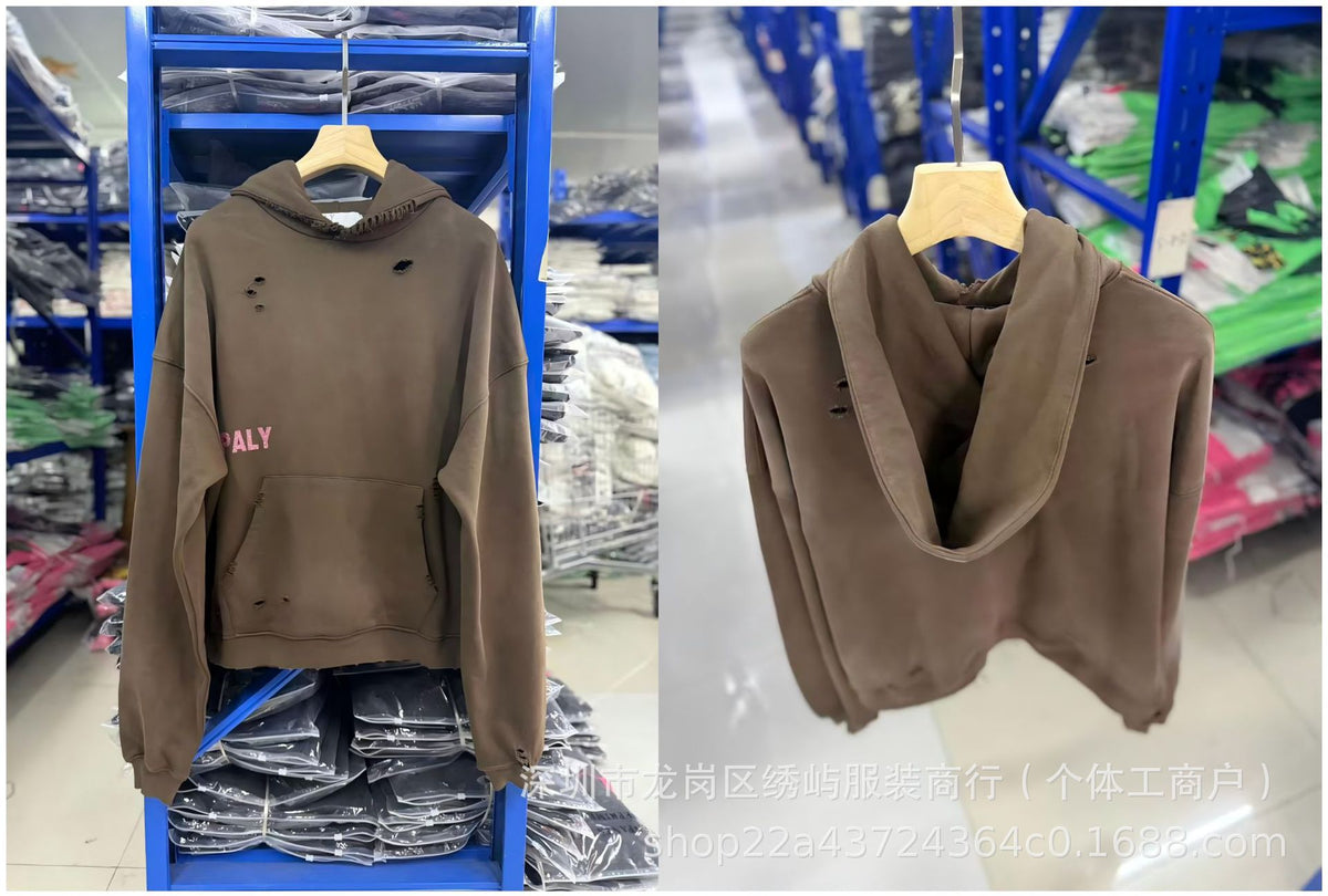Paly Hollywood Cartoon Letter Hoodie Vintage Wash Graphic Streetwear