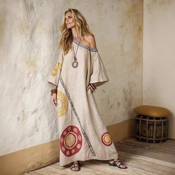 Women Boho Diagonal Striped Off Shoulder Loose Kaftan Maxi Beach Dress