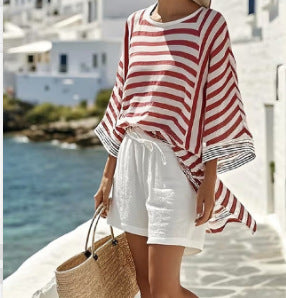Boho Striped Batwing Beach Two Piece Short Set