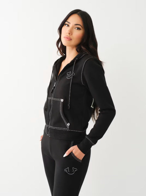 True Religion Vintage Stitch Zip Crop Hoodie Flare Pant Tracksuit Set