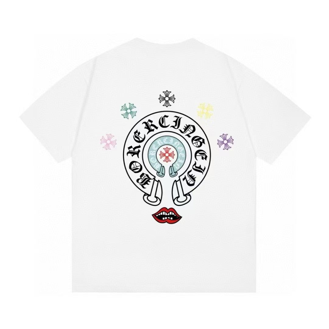 Chrome Hearts Color Sanskrit Cross Print Short Tee Unisex Y2K