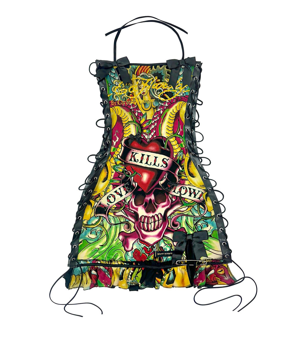 Vintage Skull Print Lace Up Cami Mini Dress Halloween