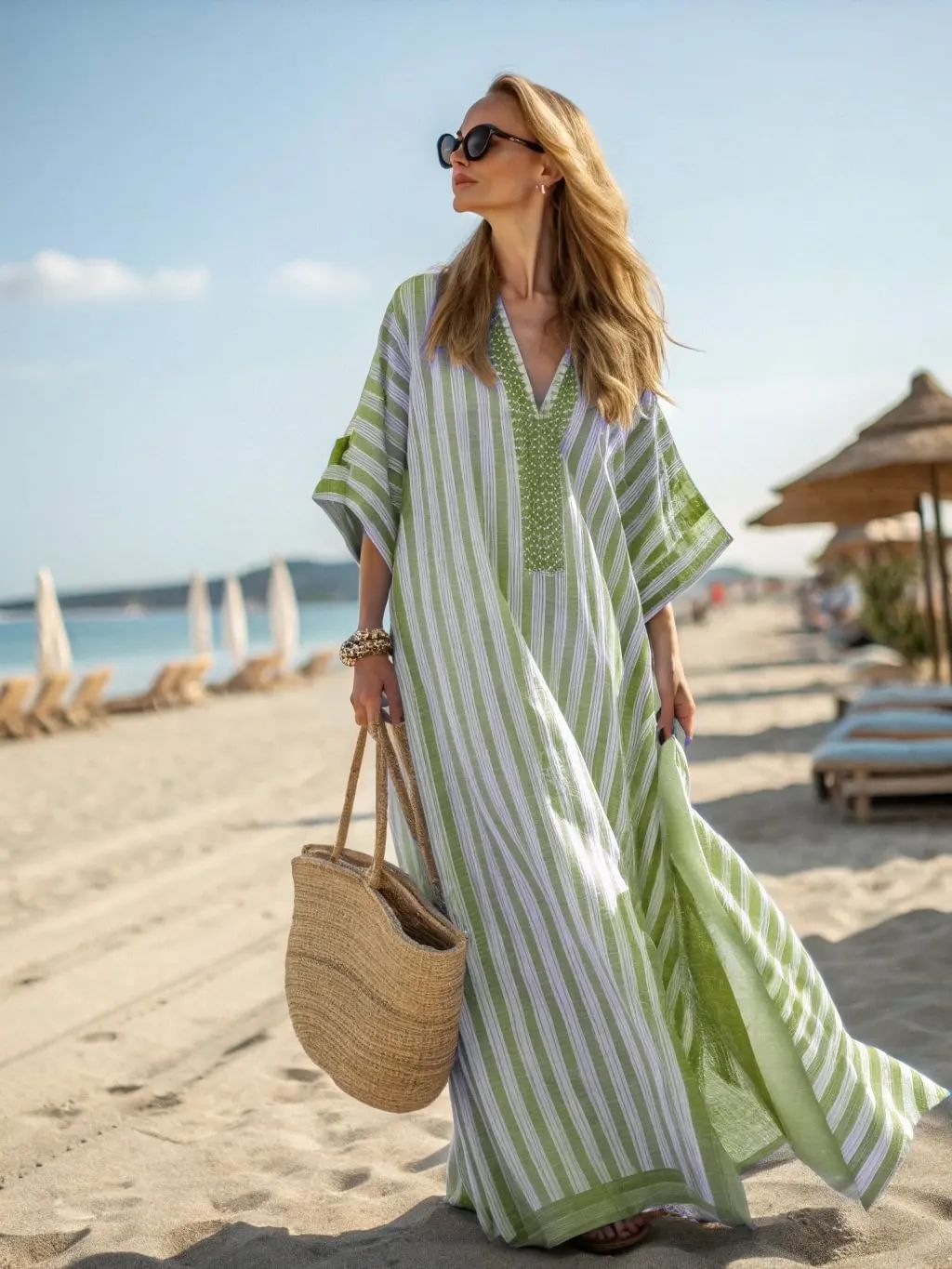 Women Boho Abstract Print V Neck Batwing Loose Kaftan Maxi Beach Dress