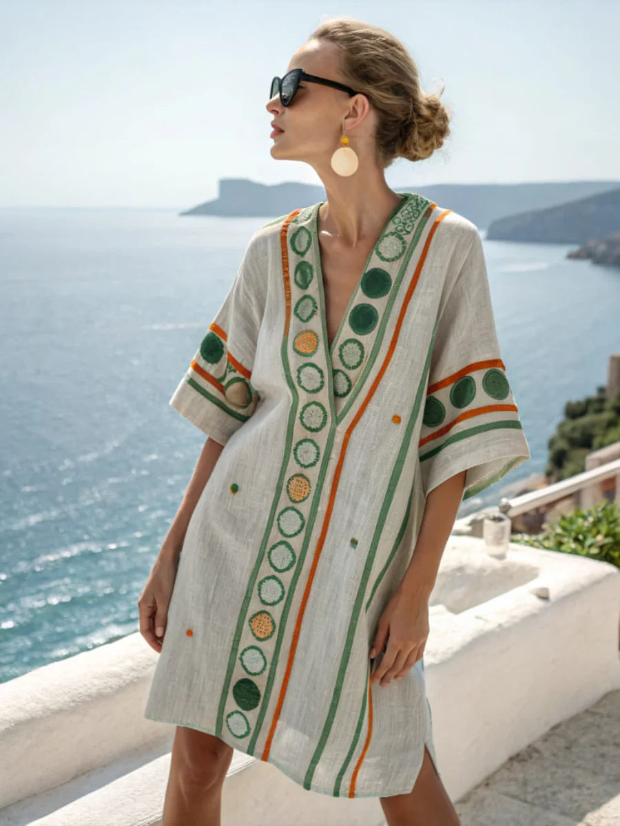 Women Boho Geometric Print V Neck Loose Kaftan Maxi Beach Dress