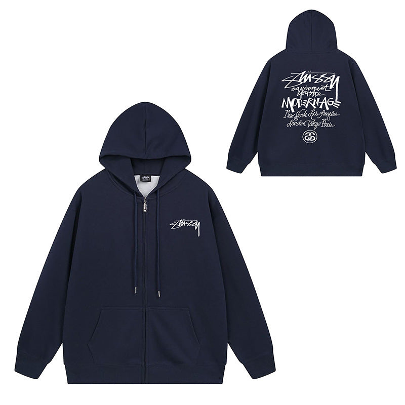 Stussy Graphic Zip Up Hoodie Letter Streetwear Casual Pullover Jacket