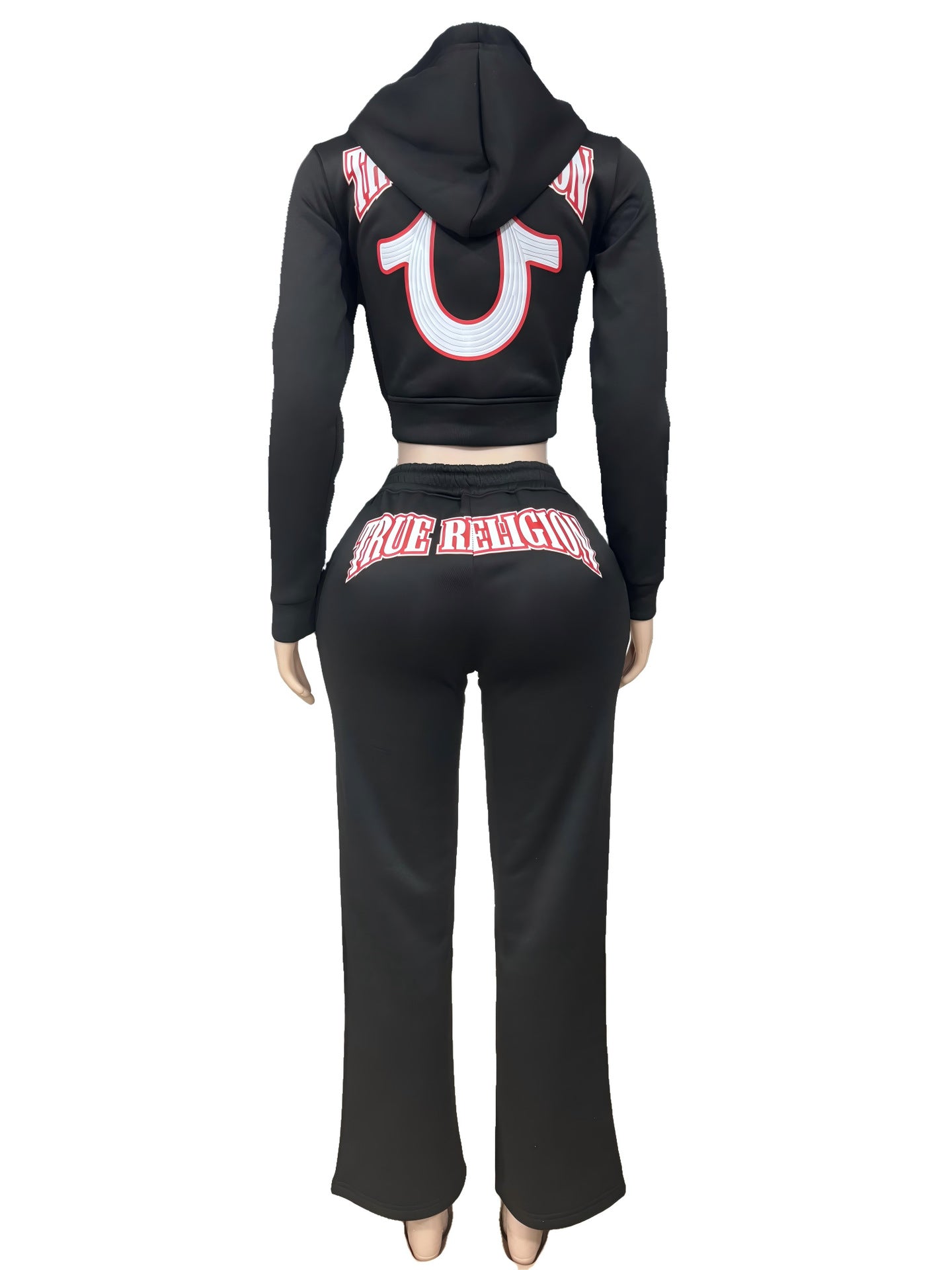 Y2K True Religion Horseshoe Logo Zip Crop Hoodie Straight Jogger 2 Piece Set