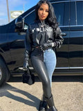 Letter Print PU Leather Cropped Hoodie Women