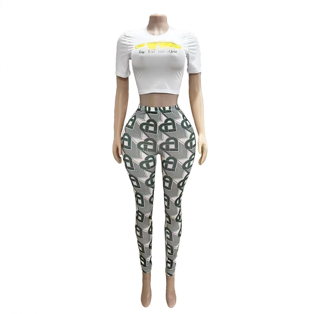 Geometric Print Short Sleeve Crop Top Skinny Pants 2 Piece Set Women