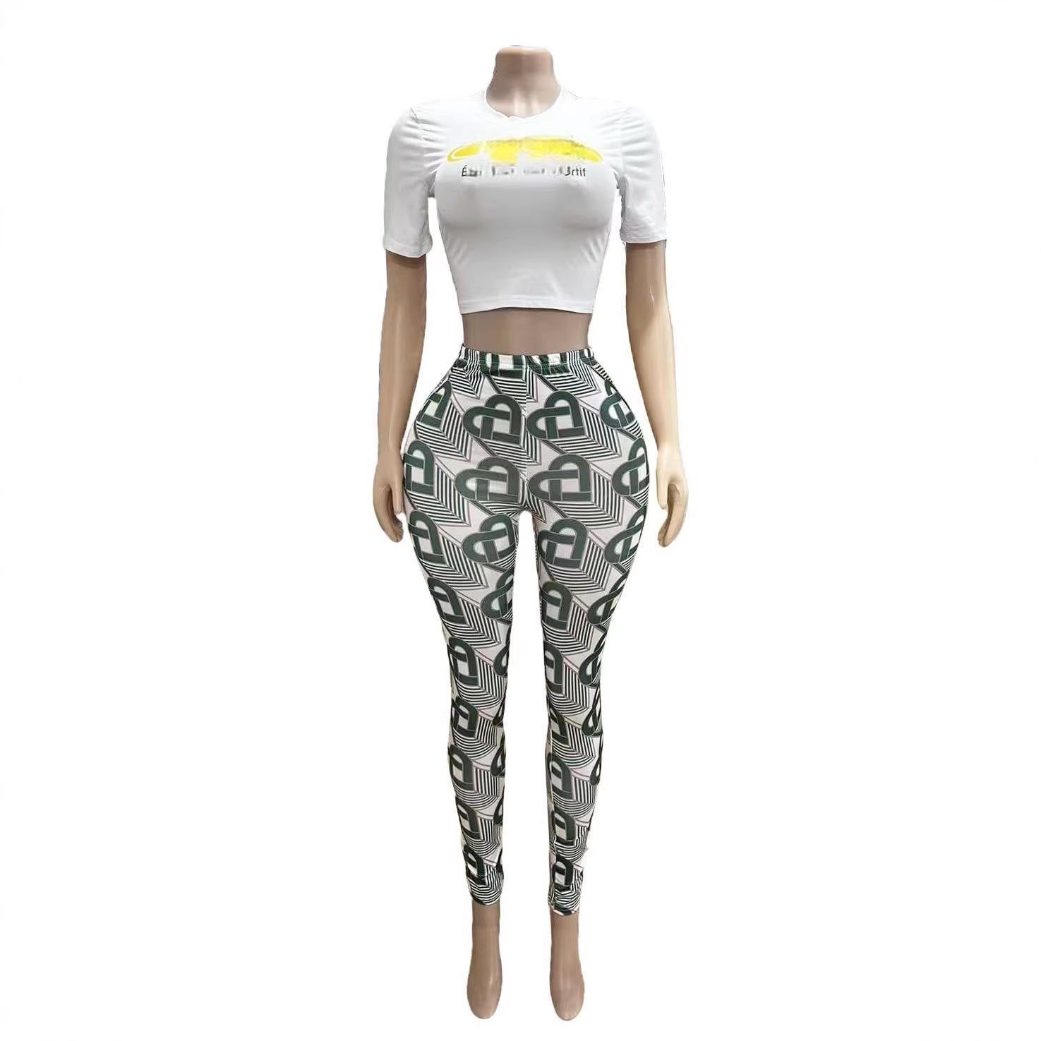 Geometric Print Short Sleeve Crop Top Skinny Pants 2 Piece Set Women