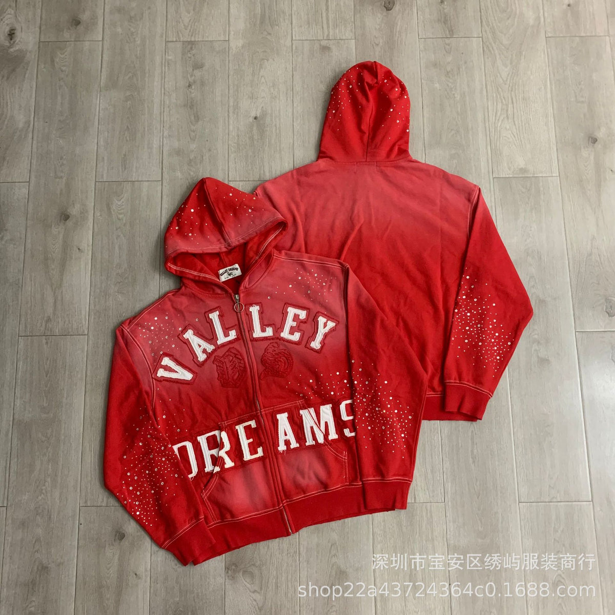 Valley Dreams Graphic Zip Up Hoodie Rhinestone Vintage Street Jacket