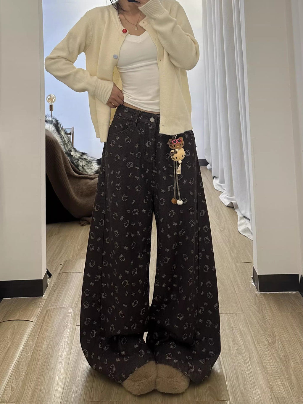 Brown Hello Kitty Print Wide Leg Denim Jeans High Waist Loose Trousers