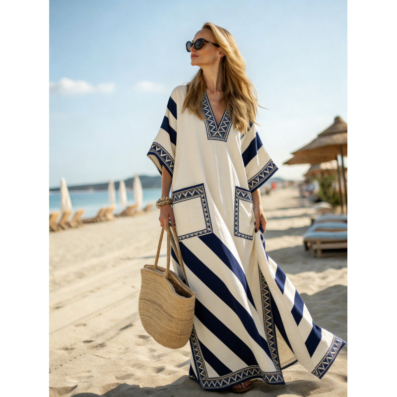 Women Boho Striped V Neck Open Front Loose Kaftan Maxi Beach Dress
