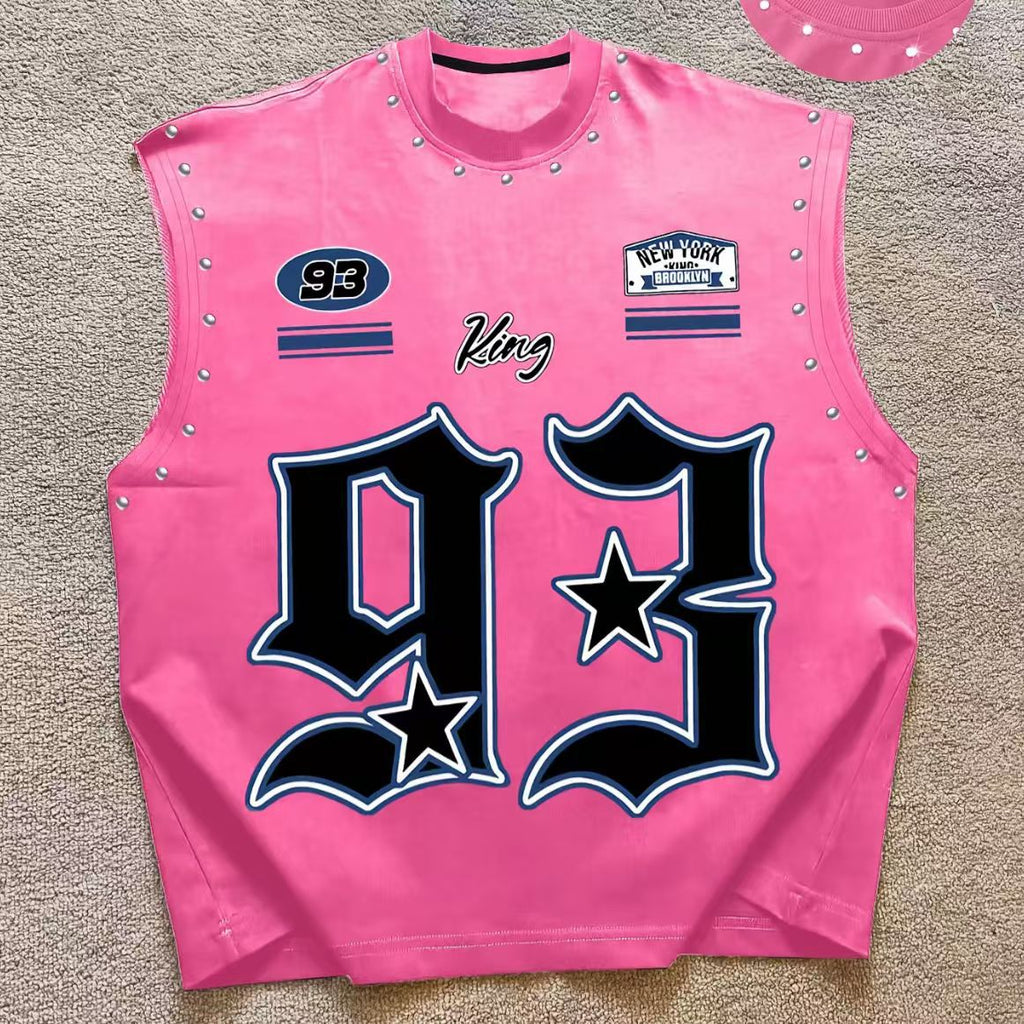 Vintage Letter Number Graphic Rivet Sleeveless Loose Vest Top Women