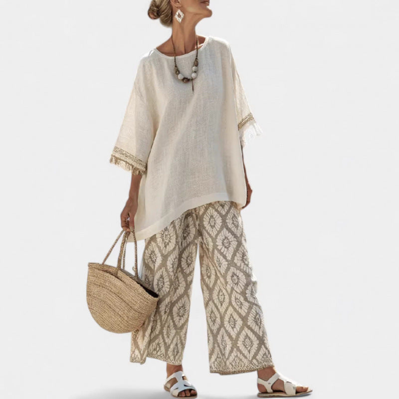 Women European Boho Striped Plus Size Loose Kaftan Beach Vacation Set
