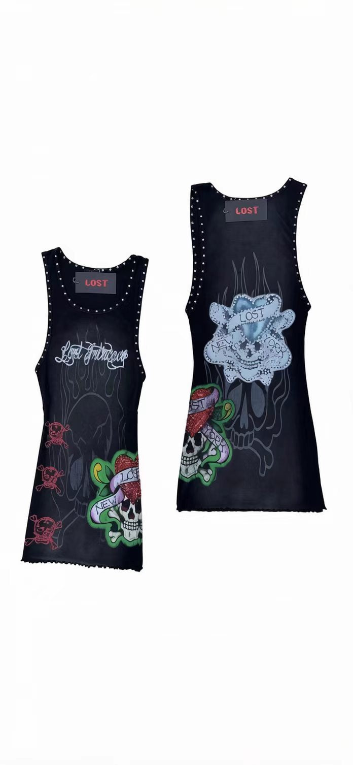 Lost Intricacy Graphic Rivet Tank Bodycon Mini Dress Women