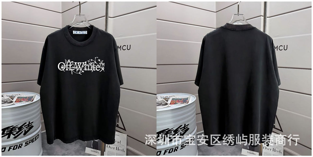 Off-White Washed Distressed Crew Neck Short Sleeve T Shirt Unisex