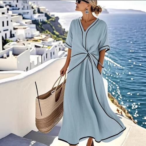 Women Boho V Neck Twist Front Trim Loose Linen Beach Maxi Dress