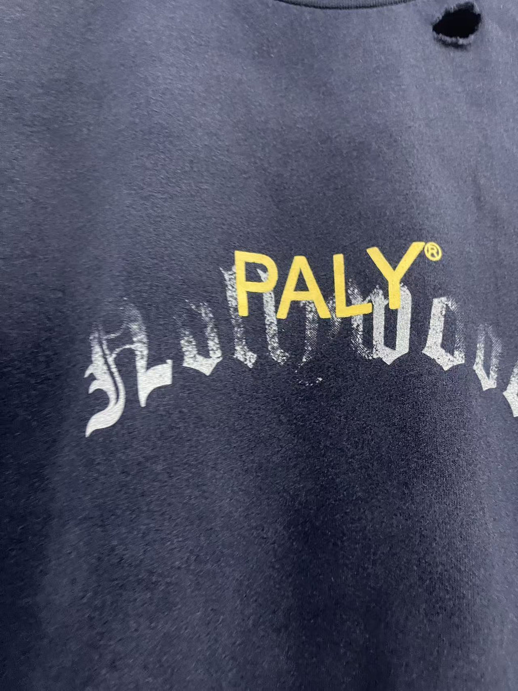 Paly Hollywood Letter Print Distressed Pocket Washed Crew Neck T Shirt