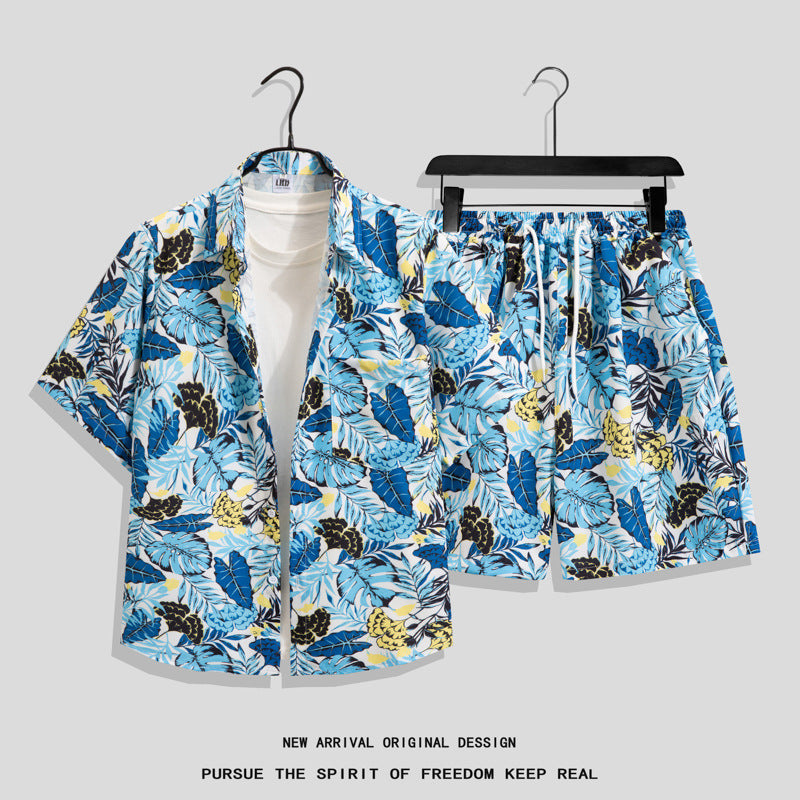 Ice Silk Quick Dry Couple Floral Loose Beach Shirt Shorts Set T3601-T3630