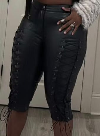 Lace Up Faux Leather Capri Skinny Pants