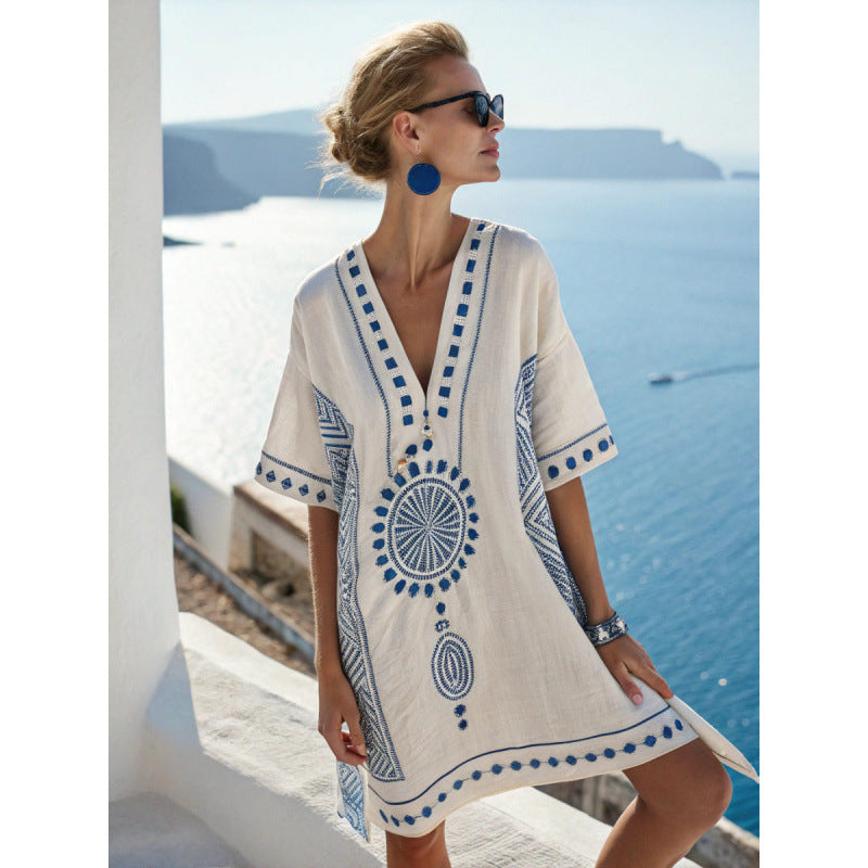 Women Boho Striped V Neck Loose Kaftan Midi Beach Dress