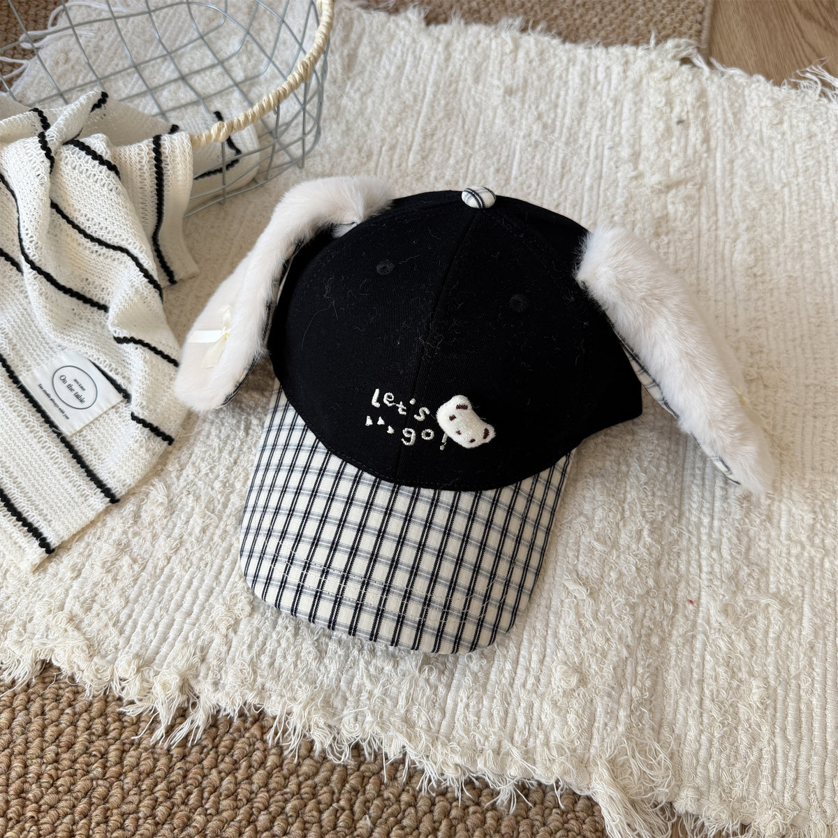 Cute Fluffy Bunny Ear Reversible Plaid Baseball Cap For Girls