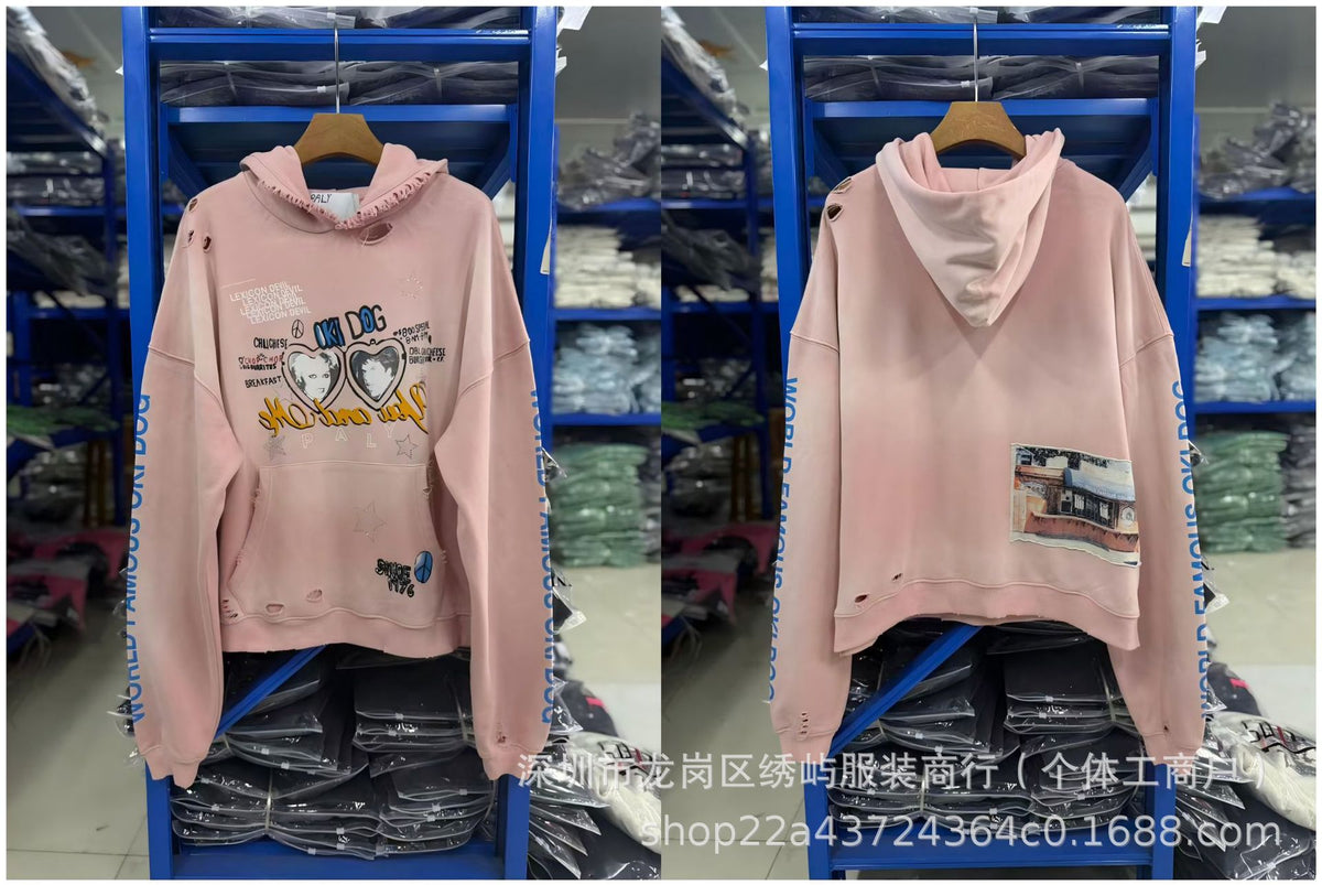 Paly Hollywood Cartoon Letter Hoodie Vintage Wash Graphic Streetwear
