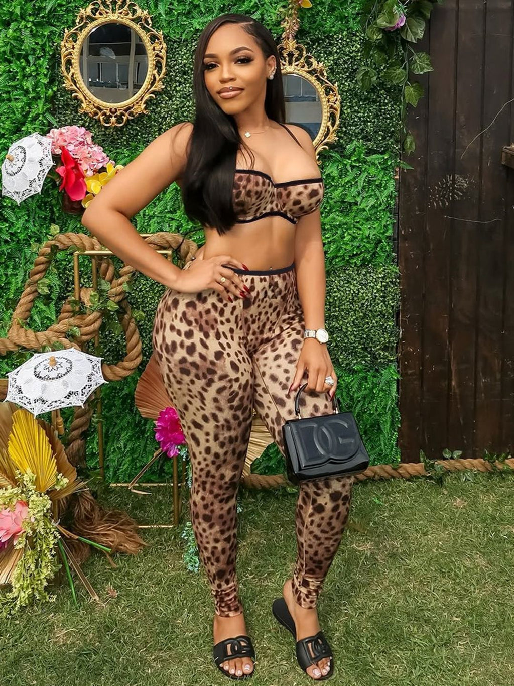 Y2K Leopard Print Spaghetti Strap Crop Top Legging 2 Piece Set