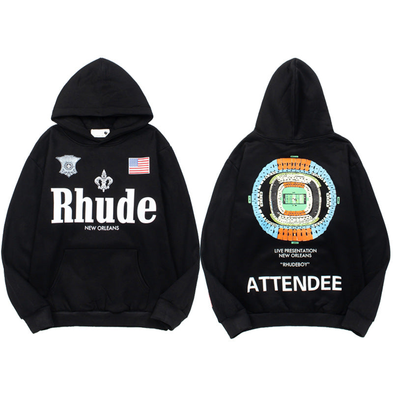Rhude Vintage Eagle Flame Print Hoodie Retro Streetwear Loose Pullover