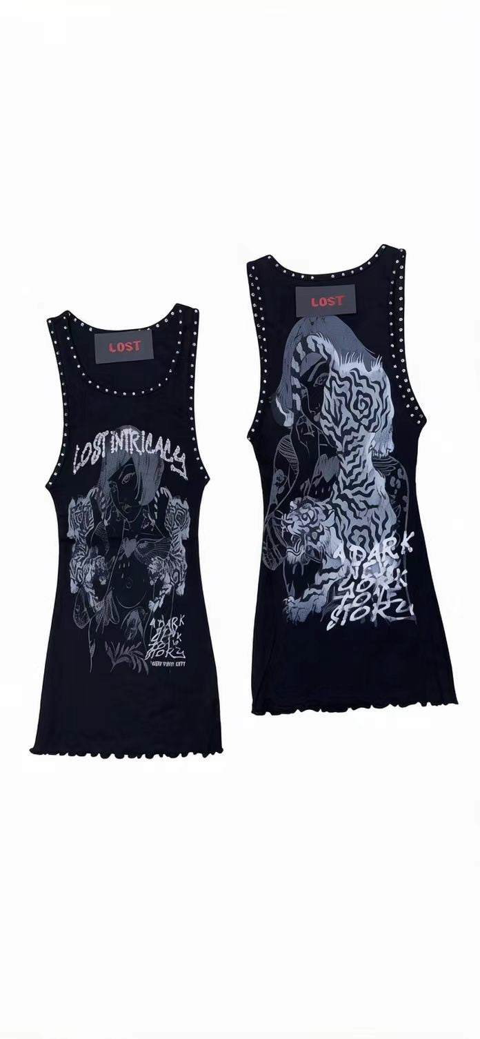 Lost Intricacy Graphic Rivet Tank Bodycon Mini Dress Women