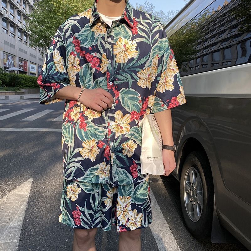 Couple Quick Dry Floral Loose Tropical Beach Shirt Shorts Set