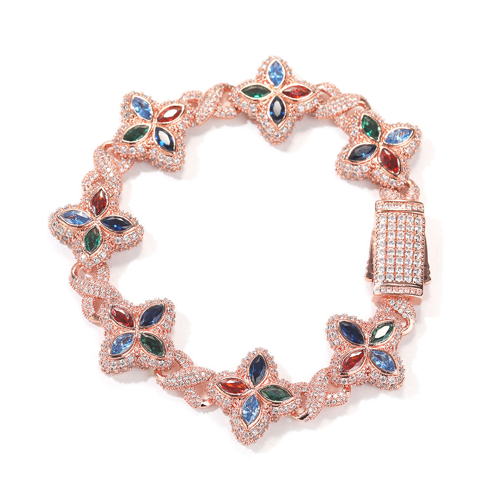 Iced Out Four Leaf Clover 5A Color Zircon Hip Hop Bracelet For