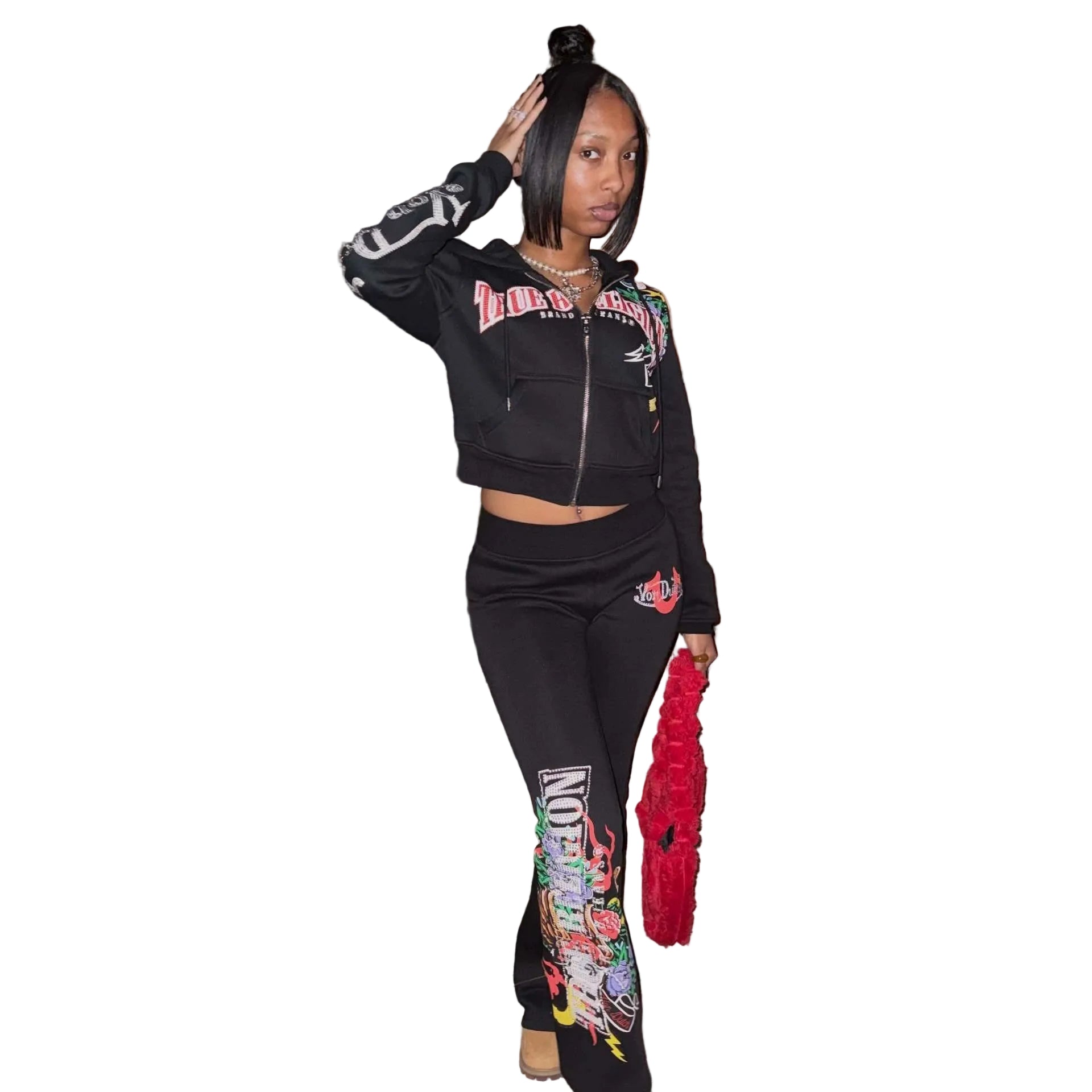 True Religion Graphic Zip Crop Hoodie Flare Pants 2 Piece Set