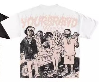 Y2K Hip-Hop Cartoon Portrait Oversized Vintage Baumwoll-T-Shirt im Members-Only-Stil