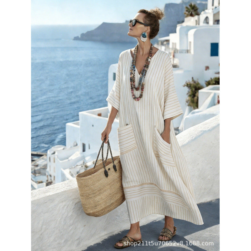 Women Boho Border Print V Neck Loose Kaftan Maxi Beach Dress