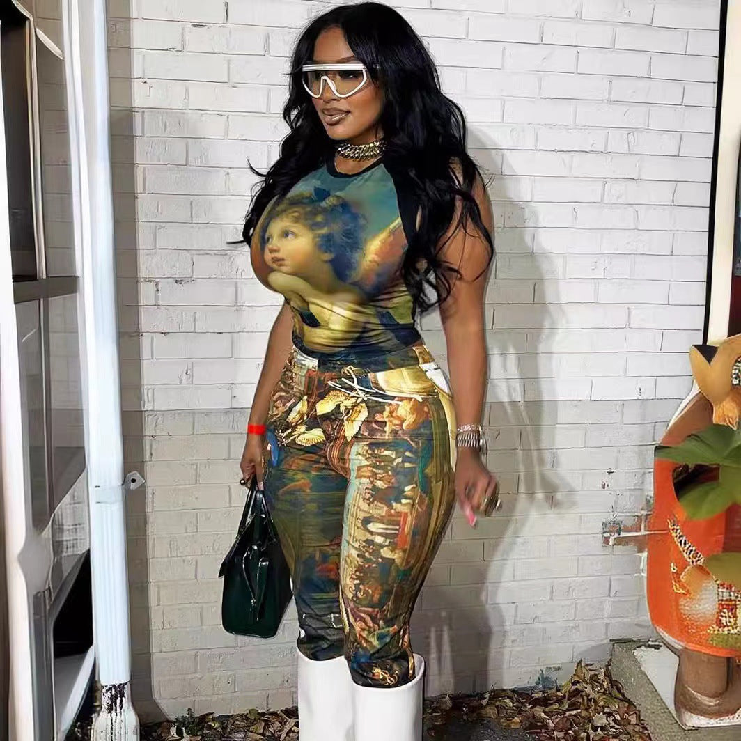 Vintage Oil Painting Print Sleeveless Crop Top Leggings 2 Piece Set